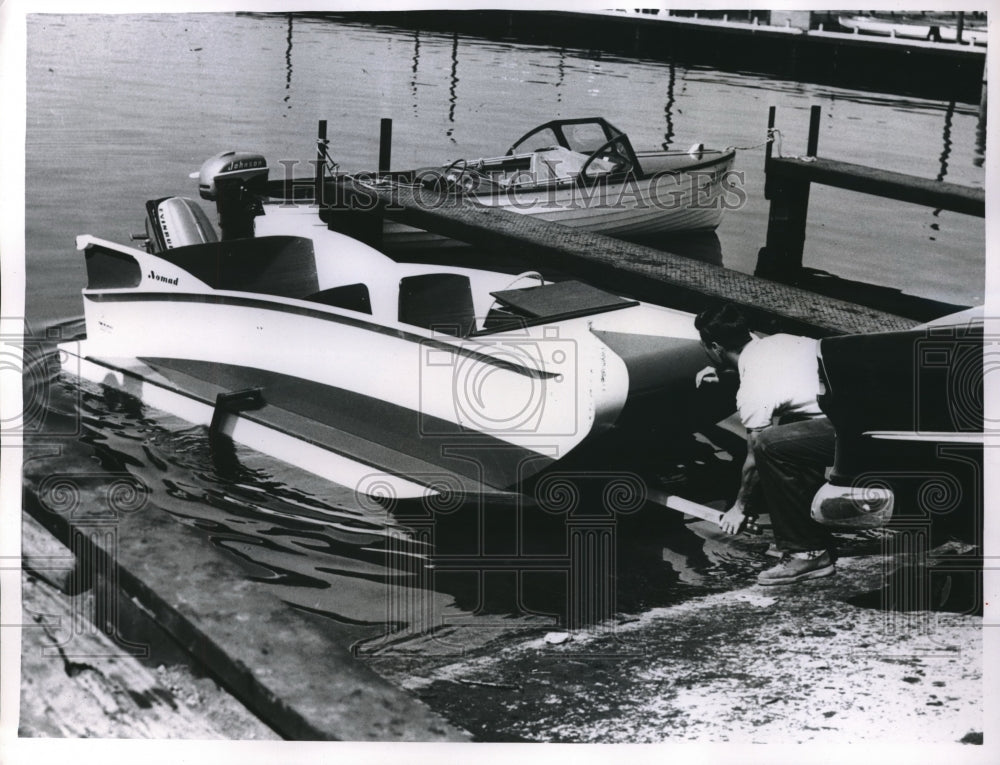 1956 Press Photo Twin Pontoon Boat Out for Test-Drive - Historic Images