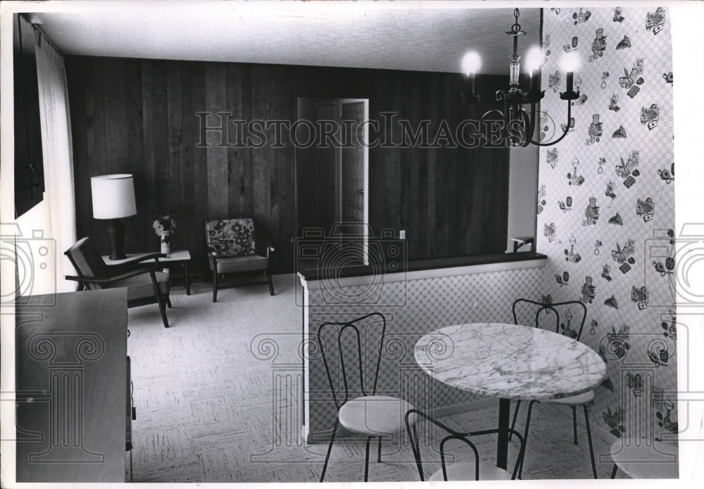 1966 Wallpapered Kitchen Dining Area With Wood Paneled Living Room - Historic Images