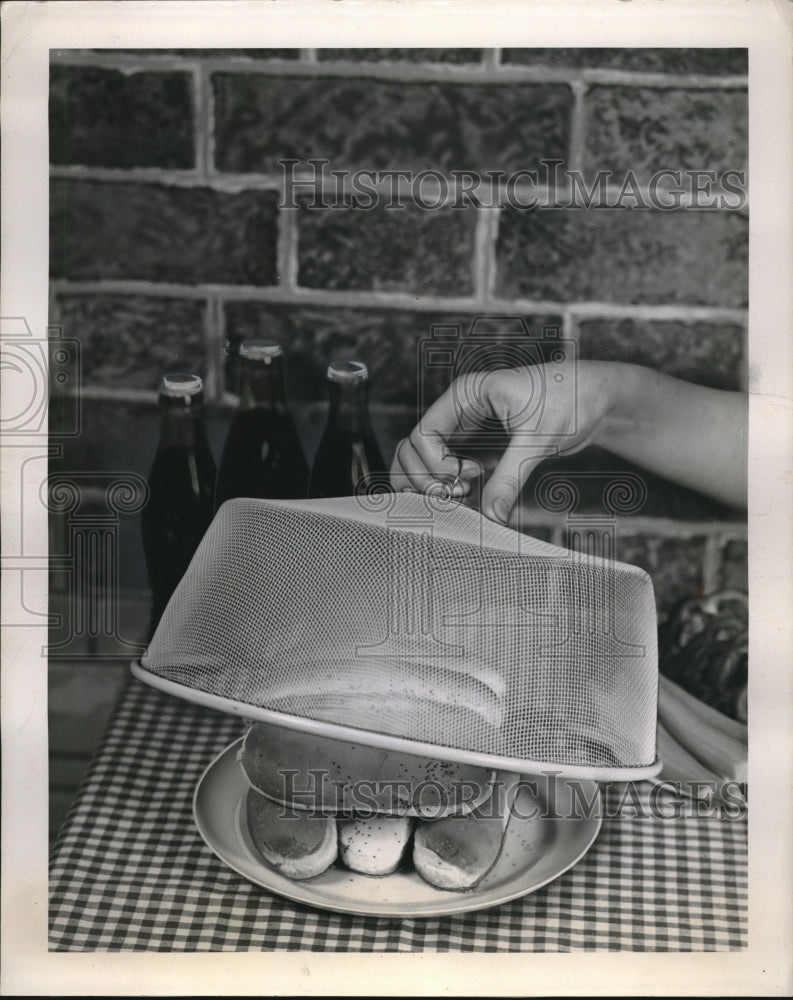 1953 Press Photo Metal Mesh Screen Goes Over Hot Dog Buns At Picnic Grill Out - Historic Images