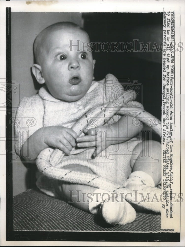 1958 Baby John Lasley Tied In Ship Ropes On SS United States - Historic Images