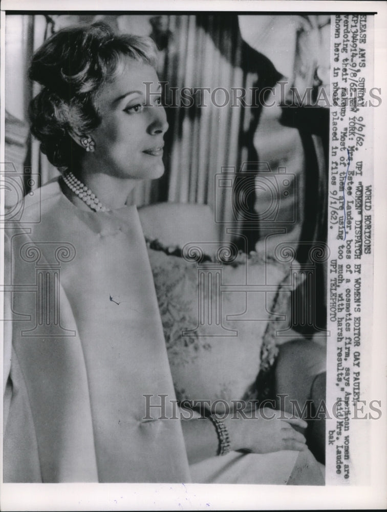 1962 Press Photo Mrs. Estee Lauder, Cosmetics Giant-Historic Images