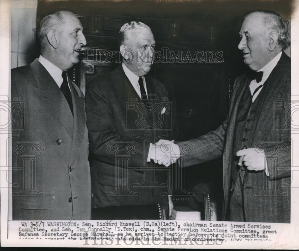 1951 Press Photo Sen. Richard Russell &amp; Sen. Tom Connally Greet George Marshall - Historic Images