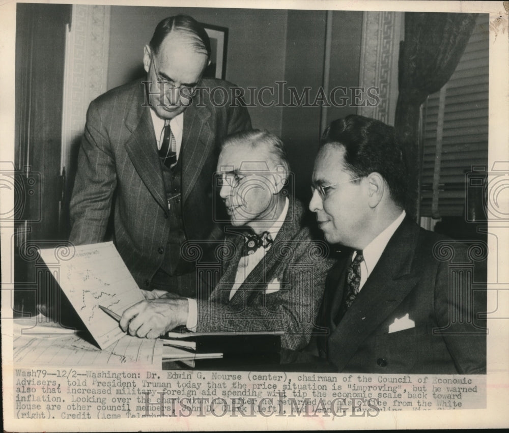 1948 Press Photo Dr. Edwin G. Nourse, John D. Clark, looking over charts. - Historic Images