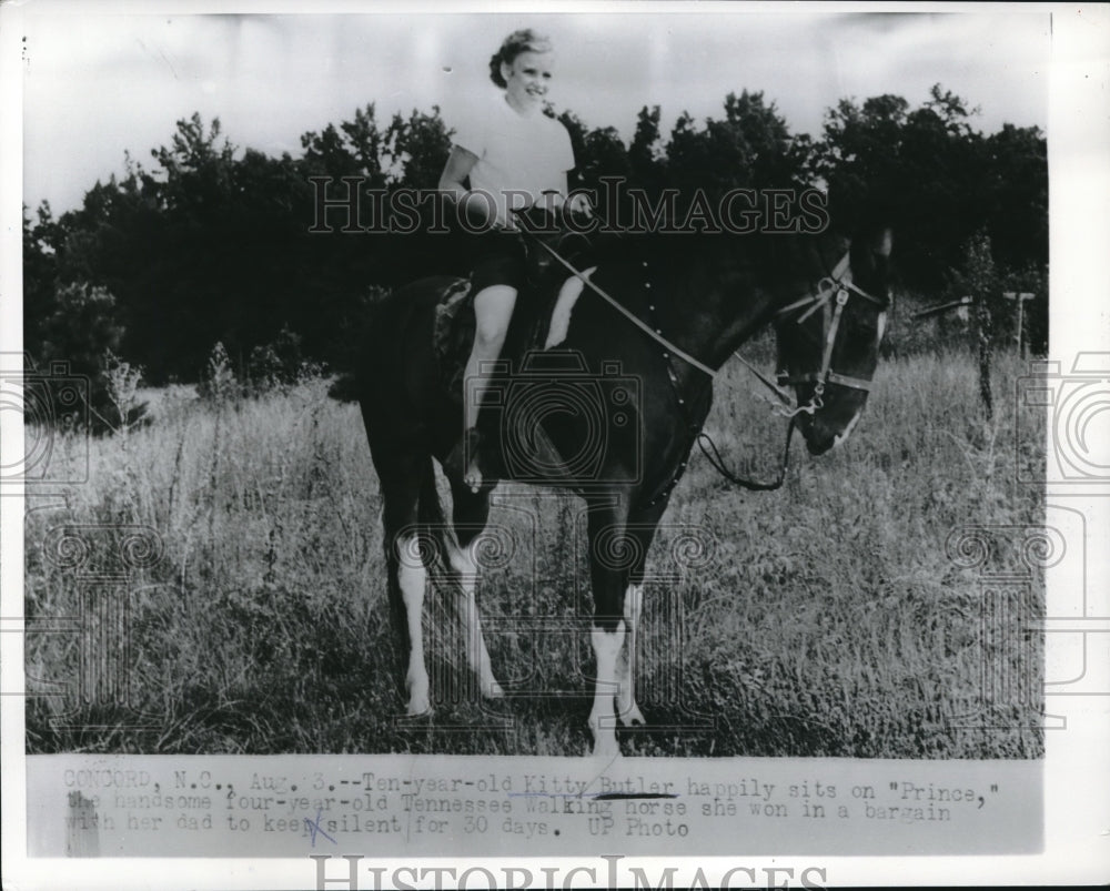 1957 Press Photo Ten Year Old Kitty Butler Rides Walking Horse Prince - Historic Images