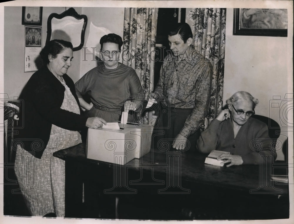 1957 Press Photo Election Time Poll Workers Taking Ballots Don't Look Happy - Historic Images