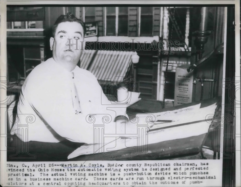 1957 Press Photo Martin A. Coyle Convinces Ohio of His Automatic Voting System - Historic Images