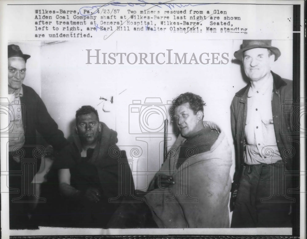 1957 Press Photo Earl Hill and Walter Olshefski rescued from Coal Company shaft - Historic Images