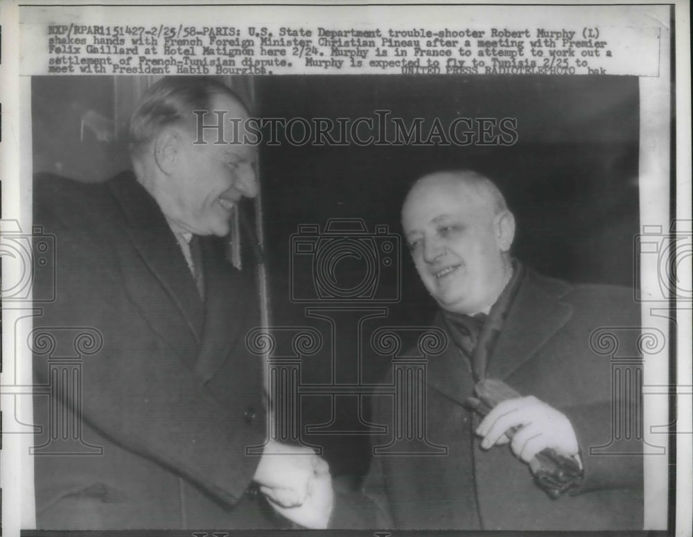 1958 US Diplomat Robert Murphy with French Foreign Minister Pineau - Historic Images