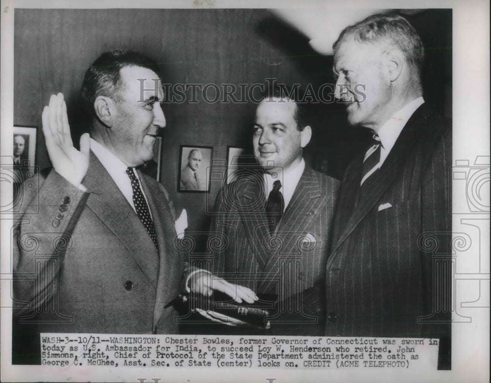 1951 Press Photo Chester Bowles sworn in. Washington DC - Historic Images