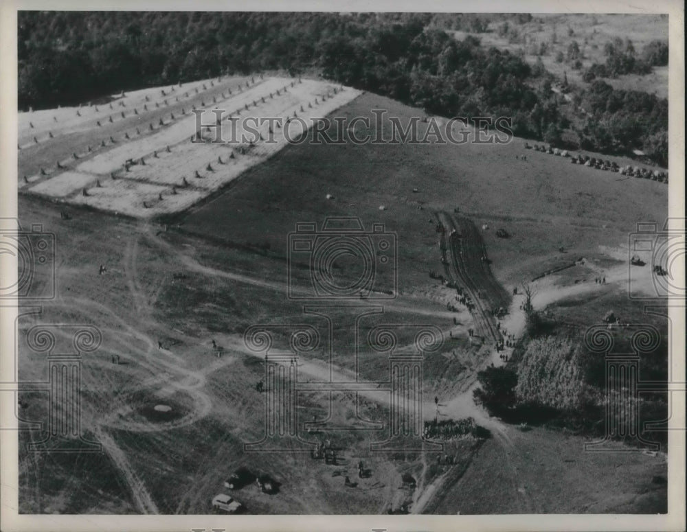 1947 Aerial View Of Pastoral Dirt Fields Farmed By Workers - Historic Images