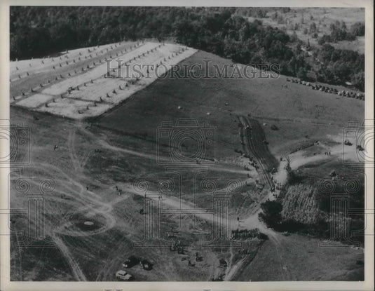 1947 Aerial View Of Pastoral Dirt Fields Farmed By Workers - Historic Images
