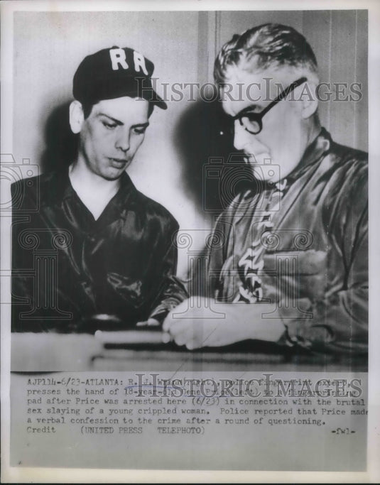 1953 Press Photo Gene Price Age 18 Being Fingerprinted& Booked for Attack of Gir - Historic Images