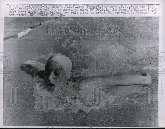 1962 Mary Stewart in 100 meter butterfly at Women's AAU Meet - Historic Images