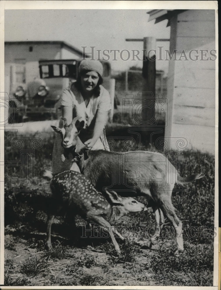 1932 Mrs. Melin at Oregon Farm as goat mothers fawn - Historic Images