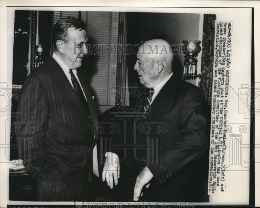 1960 Press Photo Rep. Chester Bowles, House Speaker Sam Rayburn - Historic Images
