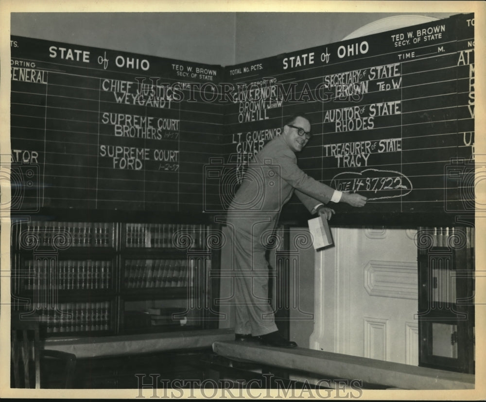 1956 Press Photo Ted Brown, Secretary of State, gets ready for election night - Historic Images