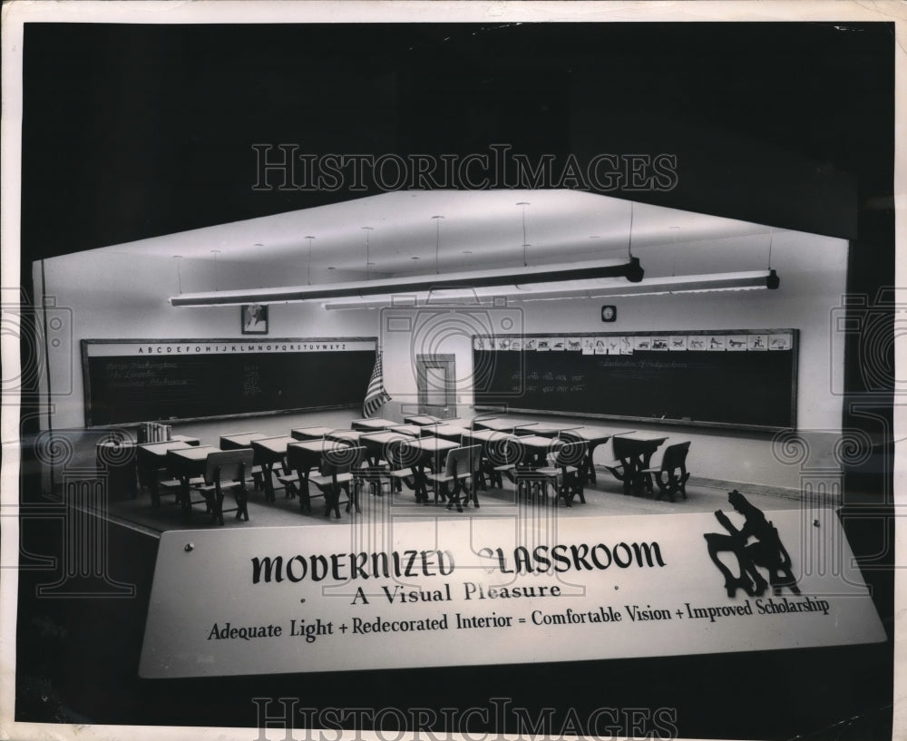 1951 Press Photo Model Classroom recommended at low cost by engineers - Historic Images