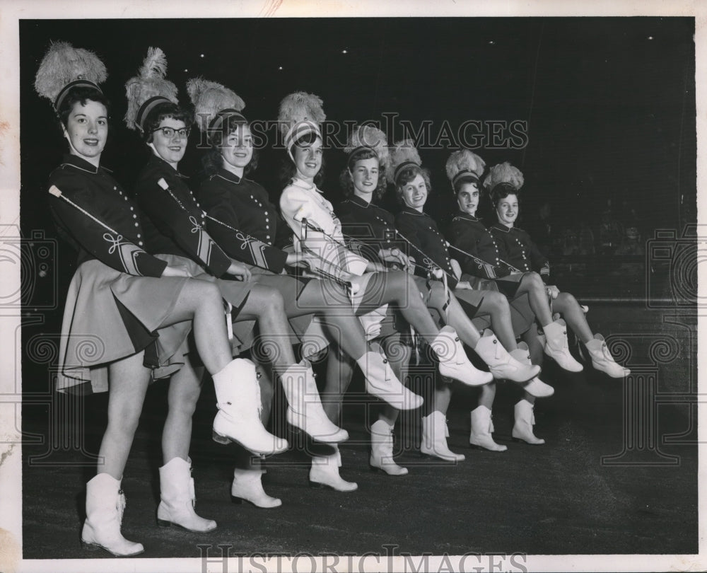 1954 Press Photo Christmas Parade John Adams Band Majorettes Ann Giddens, Dot Ki - Historic Images