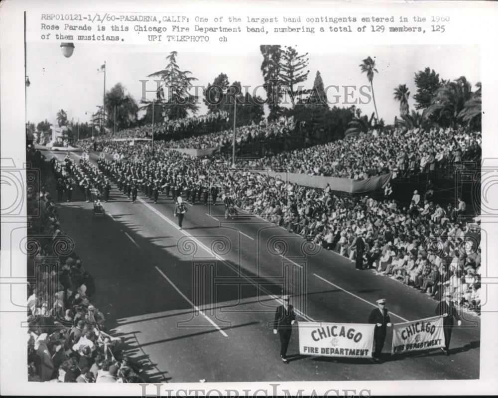 1960 Press Photo Chicago Fire Dept. band marching in Rose Parade, Pasadena CA-Historic Images