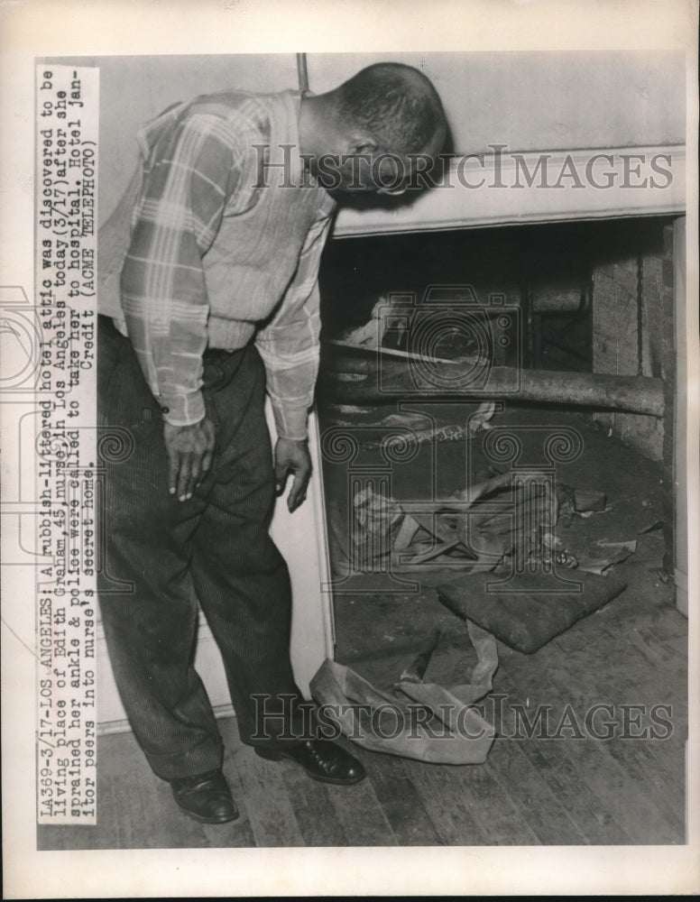 1948 Press Photo Edith Graham living in hotel attic - nec32804 - Historic Images