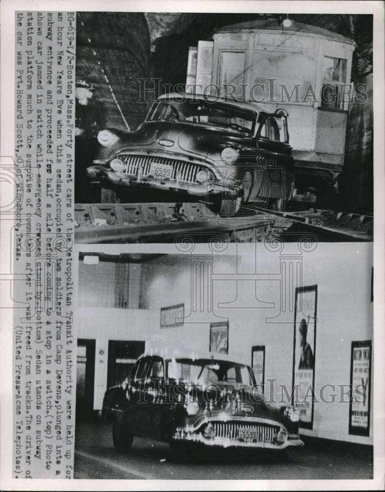 1952 Press Photo Car Driven By Soldiers Fell Onto Boston Streetcar Tracks - Historic Images