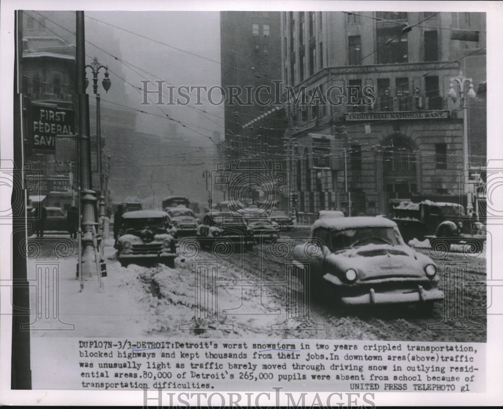 1954 Light Traffic In Downtown Detroit After Record Snowfall - Historic Images