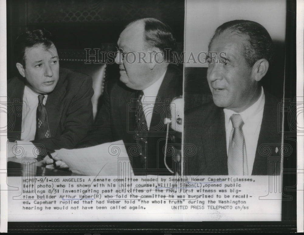 1954 Press Photo LA, Calif. Atty Wm Simon,Art Weber &amp; Sen Homer Capehart - Historic Images