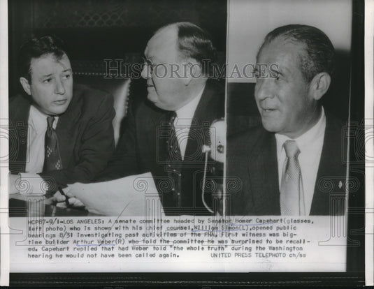 1954 Press Photo LA, Calif. Atty Wm Simon,Art Weber & Sen Homer Capehart - Historic Images