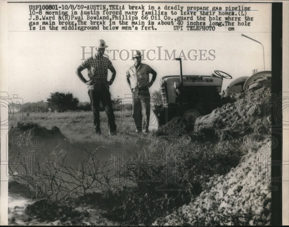 1959 Press Photo A break in the deadly propane pipeline. Austin Texas - Historic Images