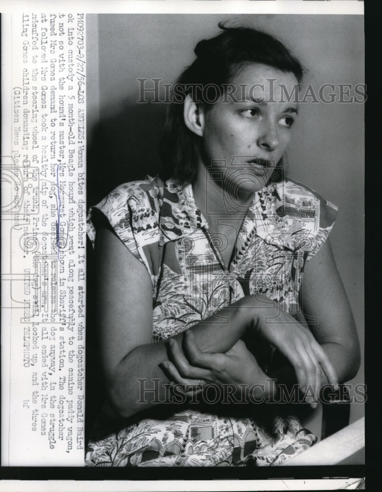 1956 Press Photo LA, Calif. Mrs Margaret Gomez at dog pound for biting dog - Historic Images