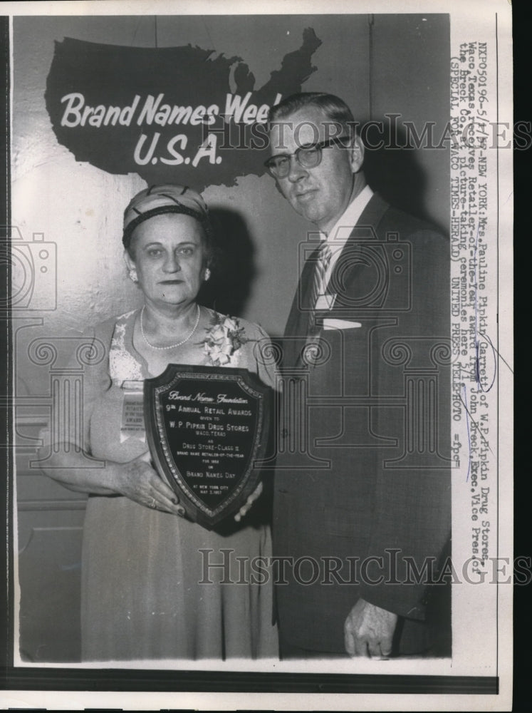 1957 Press Photo Pauline Garret is retailer of the year. - nec35311 - Historic Images