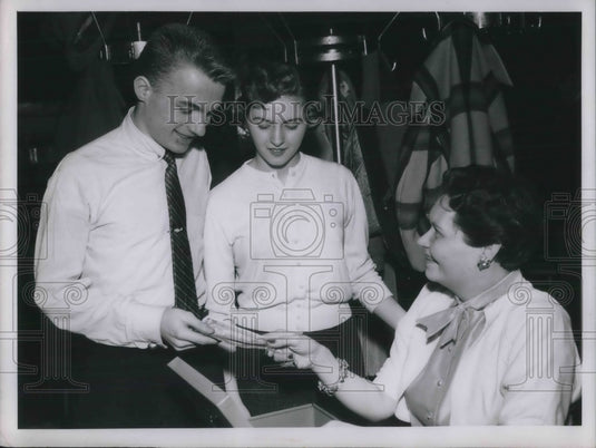 1956 Press Photo Chuck Painter, Mary Anne Yuhas buy tickets to St. Joe Academy-Historic Images