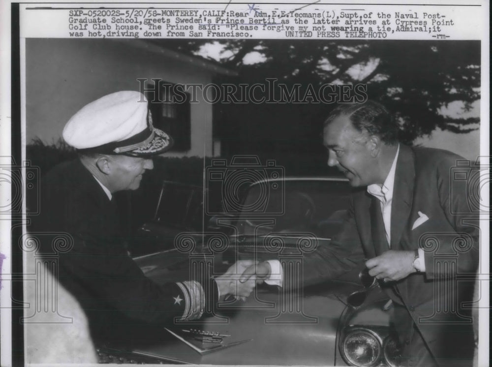 1958 Rear Adm. E.E&gt; Yeomans greets Sweden&#39;s Prince Bertil - Historic Images