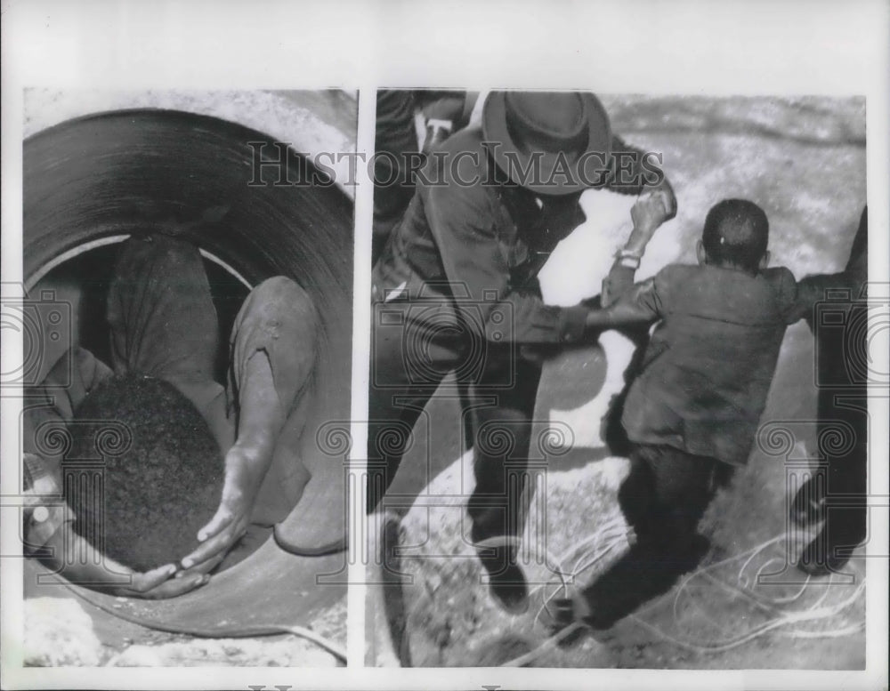 1956 Press Photo Frank Geary rescued from stuck in drainpipe in Greenville, SC - Historic Images