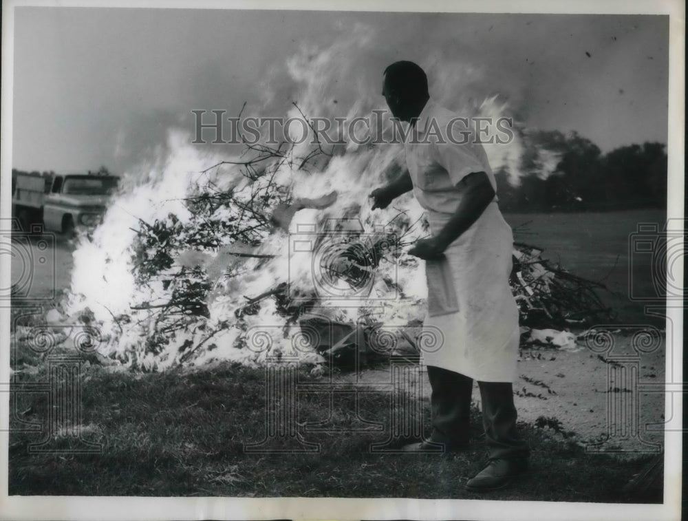 1962 Press Photo Southampton, NY Matt Rewinski feeds bonfire for a clam bake - Historic Images