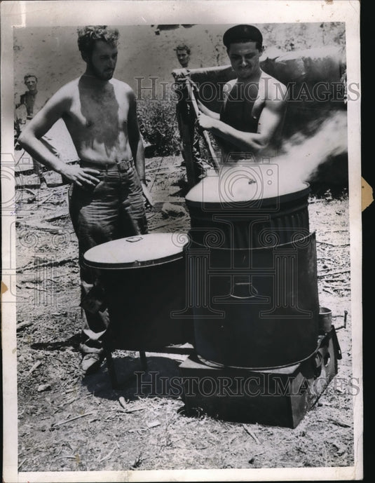 1944 Cpl. J.F. Dudley and Cpl. W.P. Greco Cooking Coffee-Historic Images