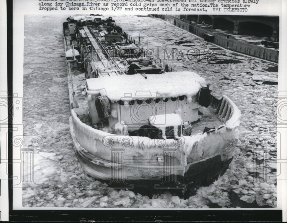 1961 Press Photo Chicago ice covered oil tanker - nec39977 - Historic Images