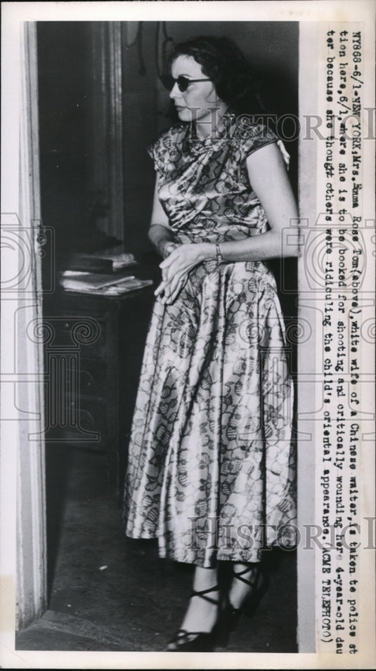 1950 Press Photo NYC, Chinese writers wife Mrs Rose Tom bboked for shooting - Historic Images