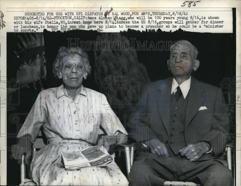 1962 Press Photo Stockton, Calif. Amos Alonzo Stagg age100, wife Stella is 90 - Historic Images