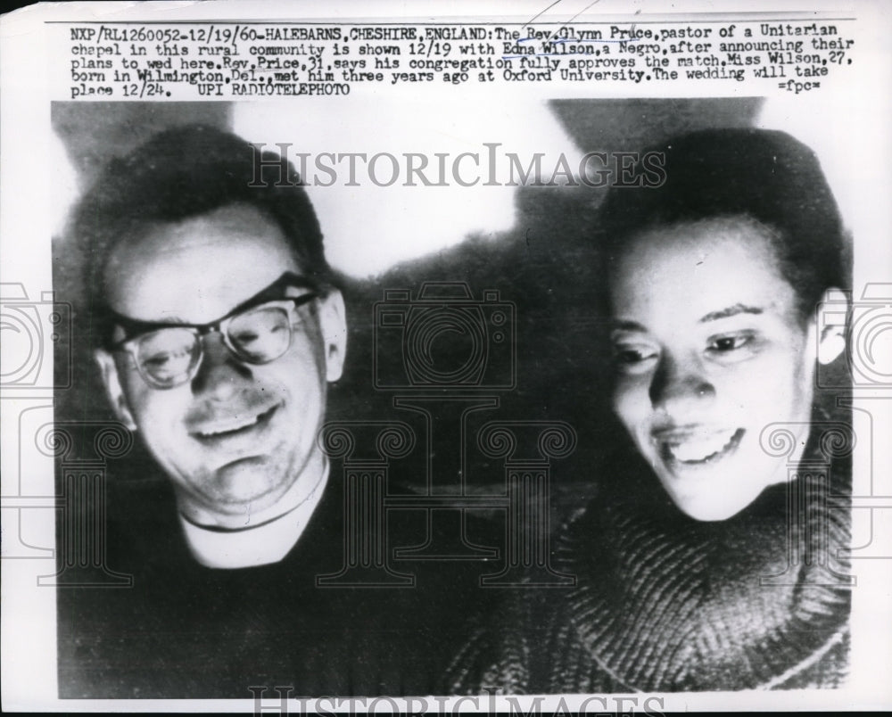 1960 Press Photo Glynn Bruce white pastor weds Edna Williams in England - Historic Images