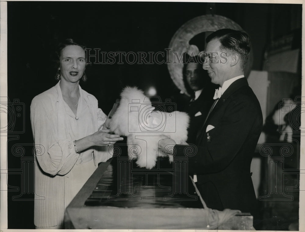 1936 Press Photo Mrs Fergus Reid Receiving Dog She Won at Naval Ball Raffle - Historic Images