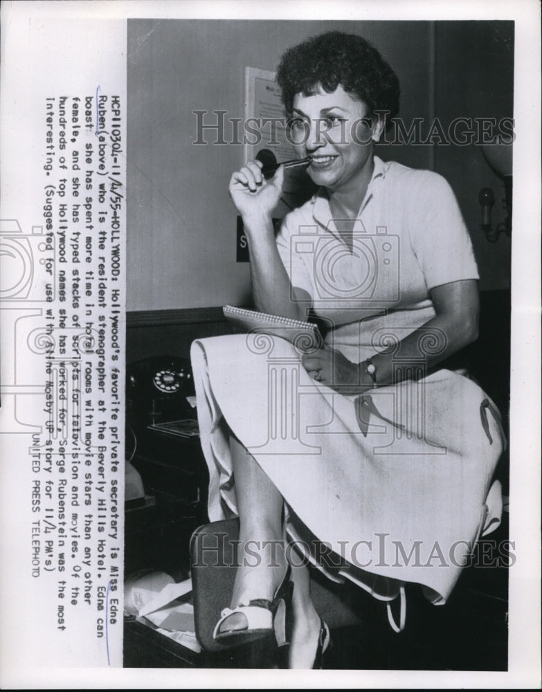 1955 Press Photo Miss Edna Ruben resident stenographer at Beverly Hills Hotel. - Historic Images