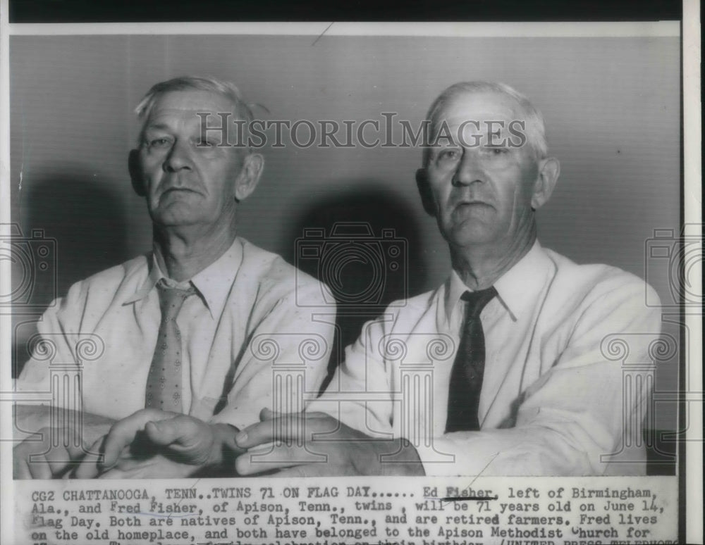 1957 Press Photo Twins Ed and Fred Fisher, retired farmers turn 71 on Flag Day - Historic Images