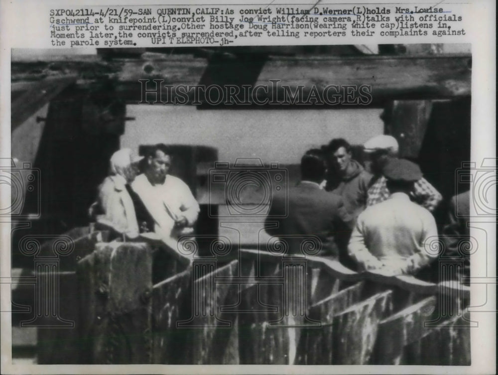 1959 Press Photo Calif, convict Wm Werner, hostage Mrs L Gschwend - Historic Images