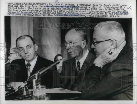 1968 Press Photo Dr. Albe M. Watkins testifies against antibiotics that killed. - Historic Images