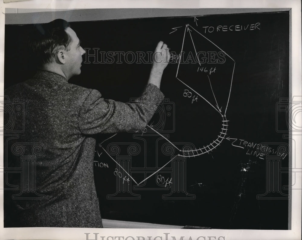 1953 Press Photo Dr Richard Webb diagrams TV antenna at Univ of Denver - Historic Images