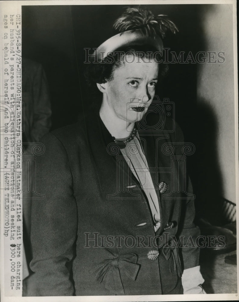 1947 Press Photo Mrs. Kathryn Clarson Hatmaker filed suit charging husband - Historic Images