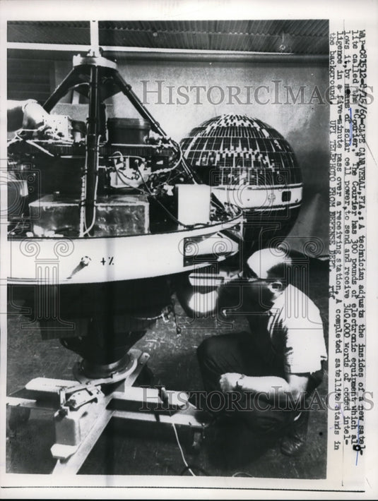 1960 Press Photo A technician adjusts satellite, the "Courier" - Historic Images