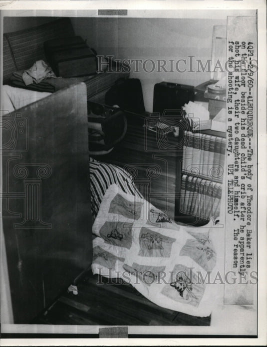 1960 Press Photo Body of Theodore Baker Lies on Floor Beside Child's Crib - Historic Images