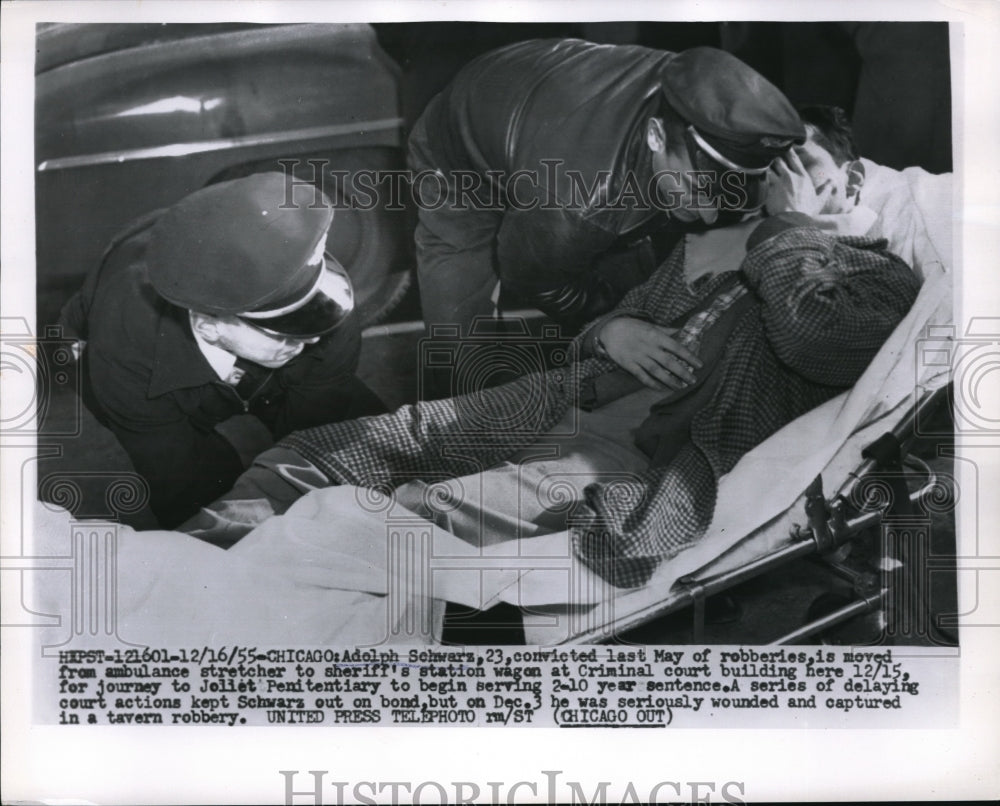 1955 Press Photo Wounded Tavern Robber Adolph Schwarz Takes Stretcher To Prison - Historic Images